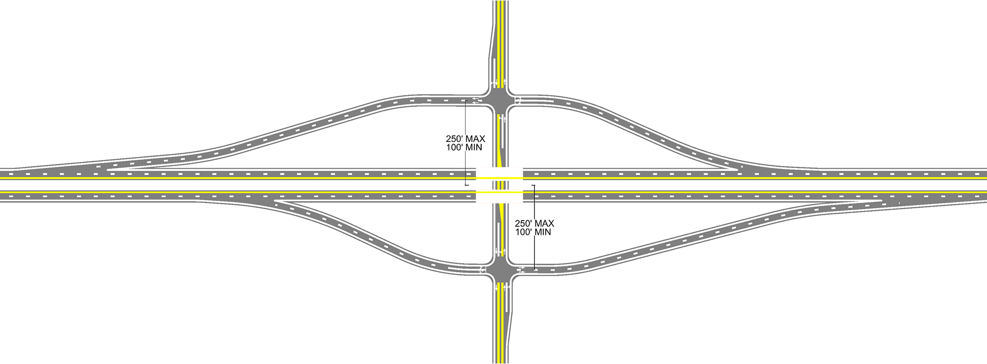 Detailed graphic of a grade-separated interchange.