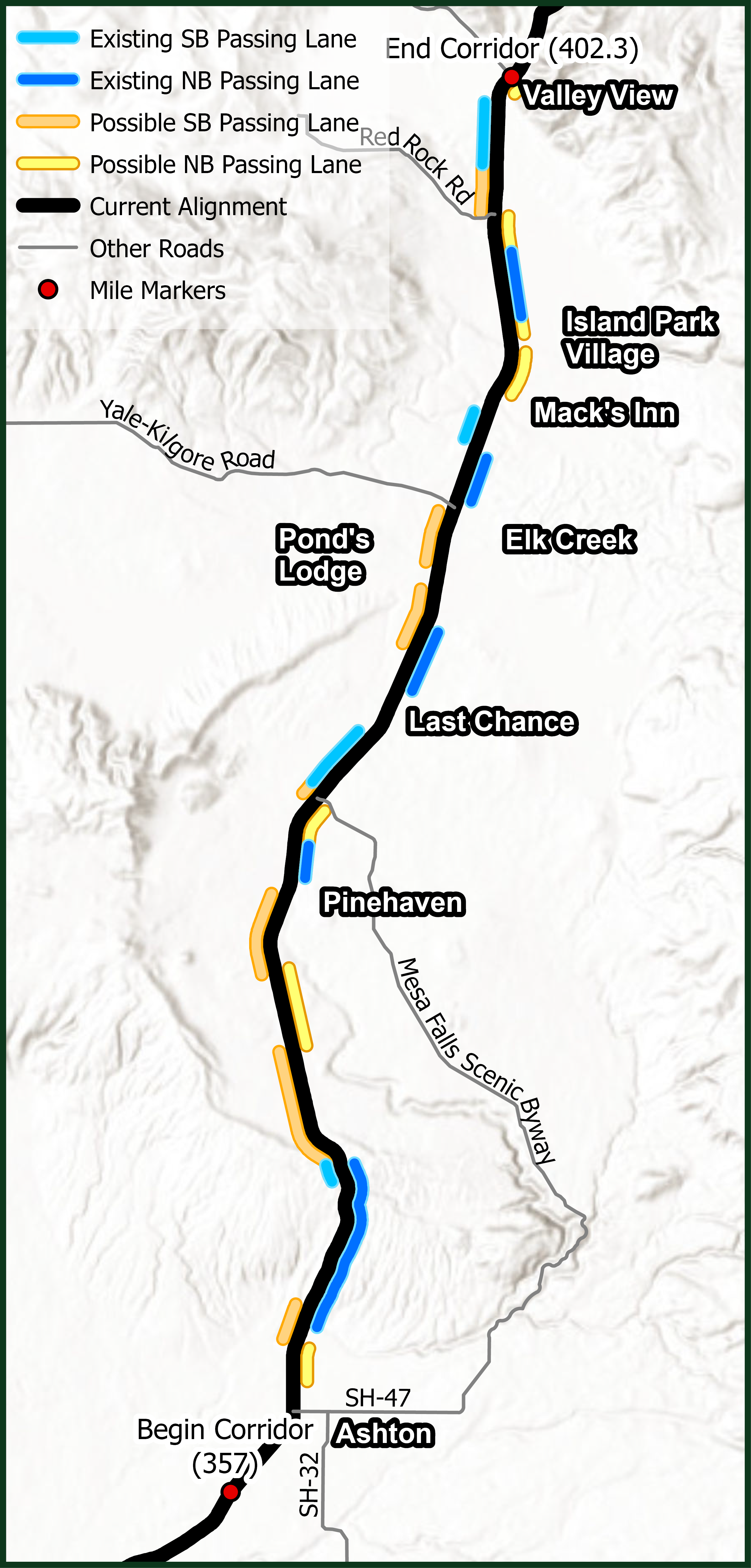 Map of possible and existing passing lanes along US-20.